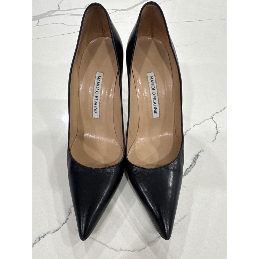 Manolo Blahnik BB Black Leather Pointed Toe Stiletto Pumps Heels Size 38